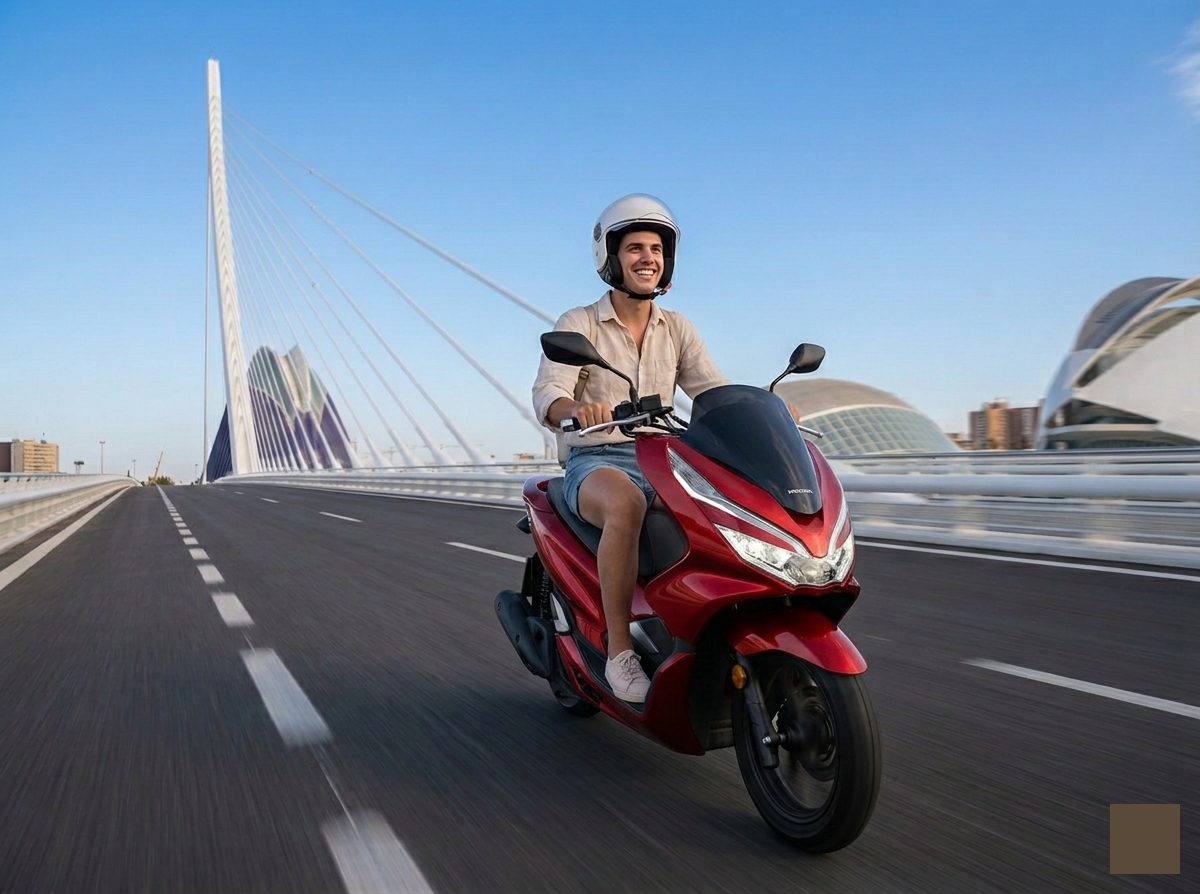 Rider en Honda PCX 125 cruzando un puente de Valencia